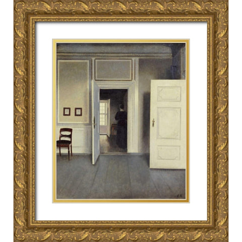 A Woman In An Interior Gold Ornate Wood Framed Art Print with Double Matting by Hammershoi, Vilhelm