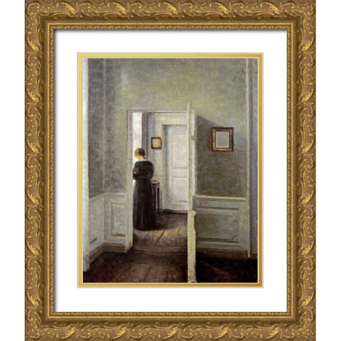 An Interior With a Woman Gold Ornate Wood Framed Art Print with Double Matting by Hammershoi, Vilhelm