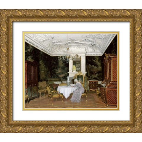 A Lady In An Interior, Fredensborg Gold Ornate Wood Framed Art Print with Double Matting by Hansen, Adolf Heinrich Claus