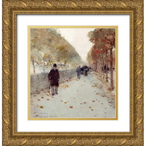 Quai Du Louvre Gold Ornate Wood Framed Art Print with Double Matting by Hassam, Childe