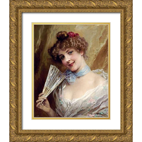 Lady With a Fan Gold Ornate Wood Framed Art Print with Double Matting by Hernandez, Daniel
