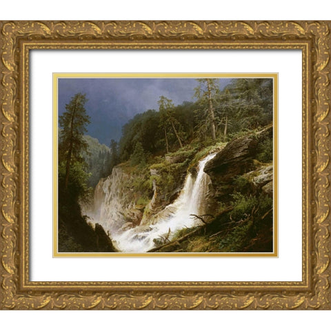 Western Waterfall Gold Ornate Wood Framed Art Print with Double Matting by Herzog, Herman