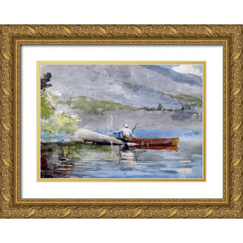 The Red Canoe Gold Ornate Wood Framed Art Print with Double Matting by Homer, Winslow