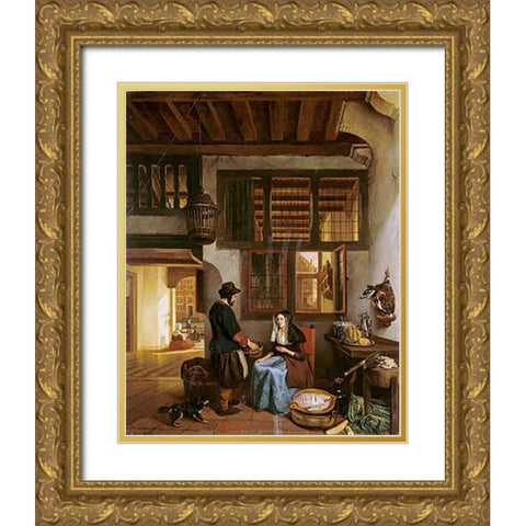 A Dutch Interior Gold Ornate Wood Framed Art Print with Double Matting by Van Hove, Hubertus