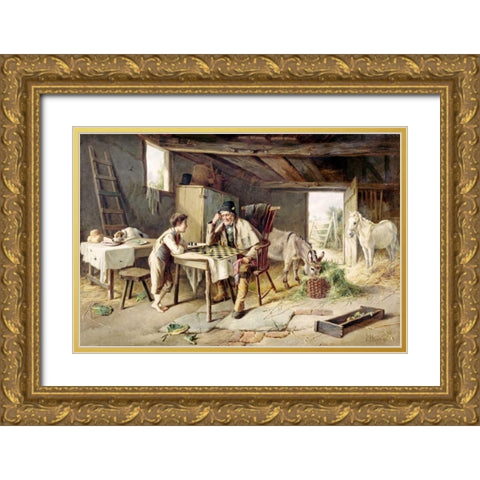 Game of Draughts Gold Ornate Wood Framed Art Print with Double Matting by Hunt, Charles