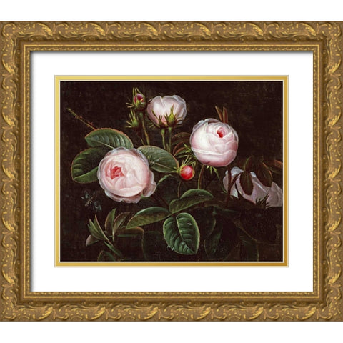 Pink Roses Gold Ornate Wood Framed Art Print with Double Matting by Jensen, Johan Laurents