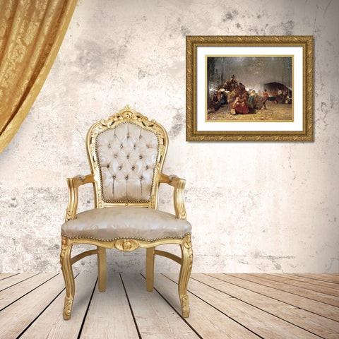 The Party In The Maple Sugar Camp Gold Ornate Wood Framed Art Print with Double Matting by Johnson, Eastman