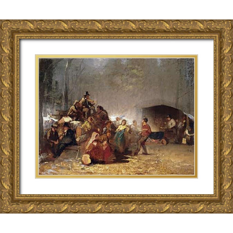 The Party In The Maple Sugar Camp Gold Ornate Wood Framed Art Print with Double Matting by Johnson, Eastman