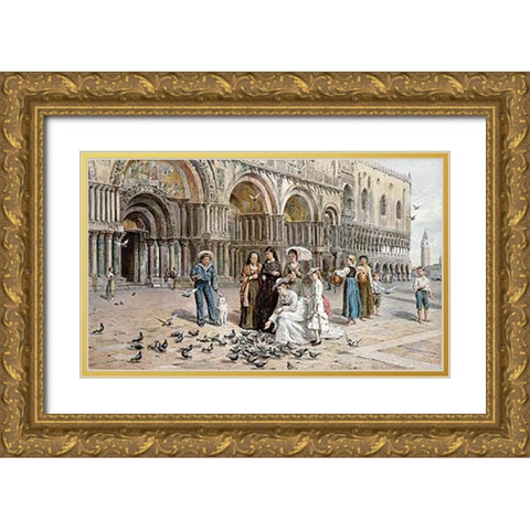 The Pigeons of St. Marks, Venice Gold Ornate Wood Framed Art Print with Double Matting by Kilburne, George Goodwin