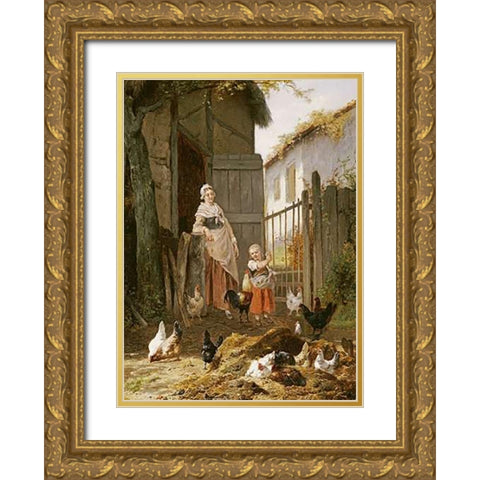 Feeding The Chickens Gold Ornate Wood Framed Art Print with Double Matting by Maes, Eugene Remy