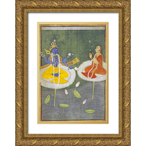 Krishna and Tadha Enthroned Gold Ornate Wood Framed Art Print with Double Matting by Mankot