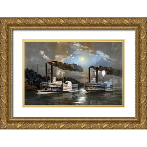 A Midnight Race on The Mississippi Gold Ornate Wood Framed Art Print with Double Matting by Manning, D.