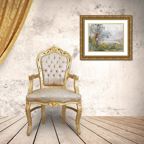 A Peasant Girl and Ducks Gold Ornate Wood Framed Art Print with Double Matting by Mariani, Pompeo