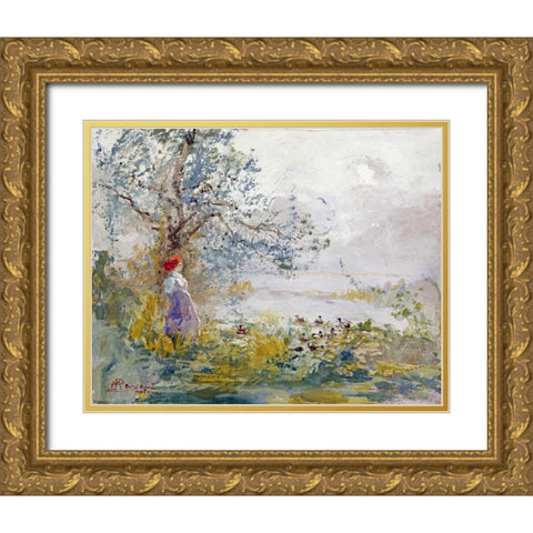 A Peasant Girl and Ducks Gold Ornate Wood Framed Art Print with Double Matting by Mariani, Pompeo