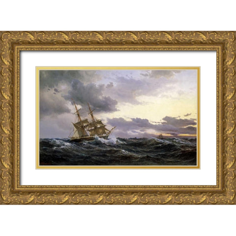Sailing Vessels In a Stormy Sea Gold Ornate Wood Framed Art Print with Double Matting by Melbye, Wilhelm
