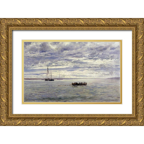 Chesil Beach, Rain Clearing Off Gold Ornate Wood Framed Art Print with Double Matting by Moore, Henry