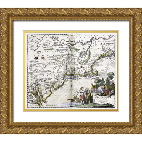 Map of The New World Gold Ornate Wood Framed Art Print with Double Matting by Ogilby, John