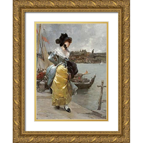 At The Quayside Gold Ornate Wood Framed Art Print with Double Matting by Pinchart, Emile-Auguste