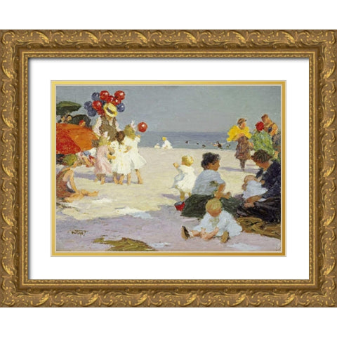 On The Beach Gold Ornate Wood Framed Art Print with Double Matting by Potthast, Edward Henry