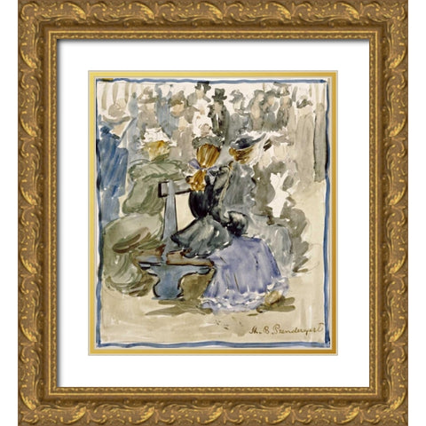 Ladies Seated on a Bench Gold Ornate Wood Framed Art Print with Double Matting by Prendergast, Maurice Brazil