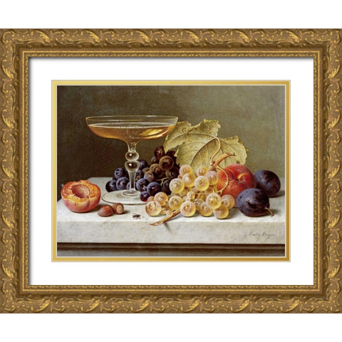 A Glass of Champagne and Grapes Gold Ornate Wood Framed Art Print with Double Matting by Preyer, Emilie
