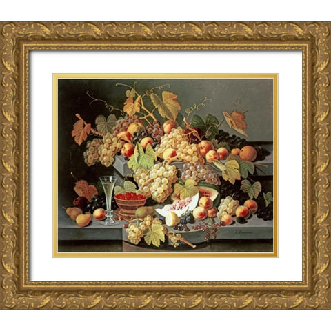 Still Life With Fruit and a Glass of Champagne Gold Ornate Wood Framed Art Print with Double Matting by Roesen, Severin