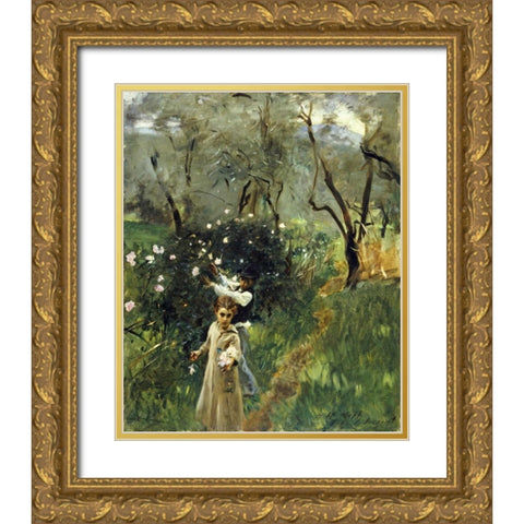 Gathering Flowers at Twilight Gold Ornate Wood Framed Art Print with Double Matting by Sargent, John Singer