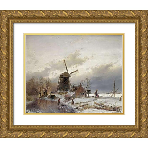A Frozen River Landscape With a Windmill Gold Ornate Wood Framed Art Print with Double Matting by Schelfhout, Andreas