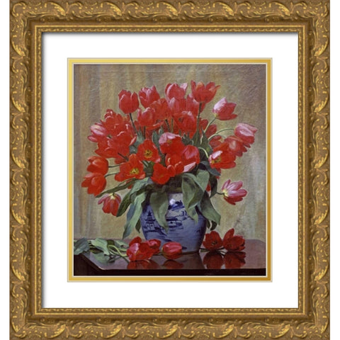 Tulips In a Porcelain Vase Gold Ornate Wood Framed Art Print with Double Matting by Schou, Peter Johan