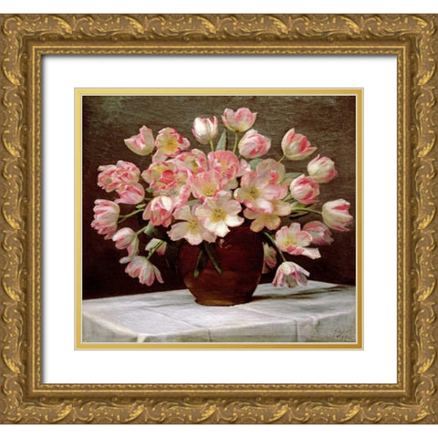 Tulips In a Vase on a Draped Table Gold Ornate Wood Framed Art Print with Double Matting by Schou, Peter Johan