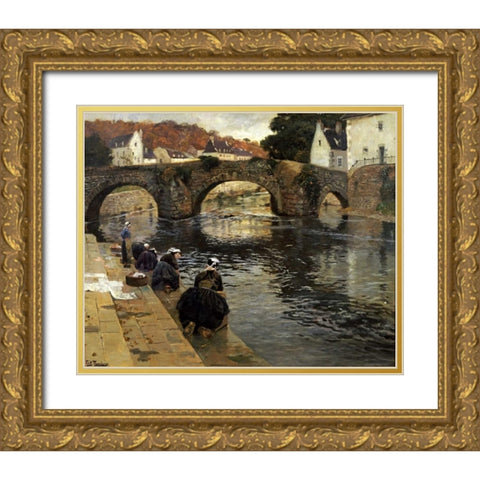 Washerwomen In The Morning at Quimperle Gold Ornate Wood Framed Art Print with Double Matting by Thaulow, Fritz