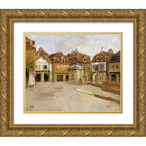 A Town Square Gold Ornate Wood Framed Art Print with Double Matting by Thaulow, Fritz