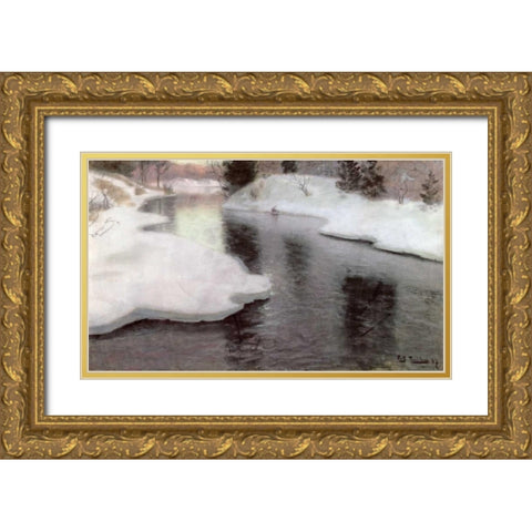 Thawing Ice: The Lysaker River Gold Ornate Wood Framed Art Print with Double Matting by Thaulow, Fritz