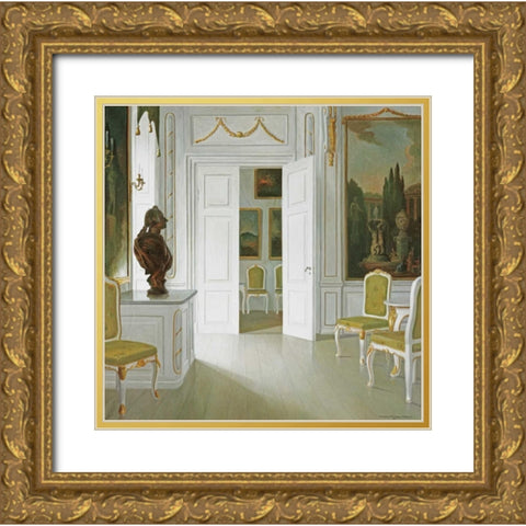 An Interior of a Salon - Fredensborg Gold Ornate Wood Framed Art Print with Double Matting by Tilemann-Peterson, Christian
