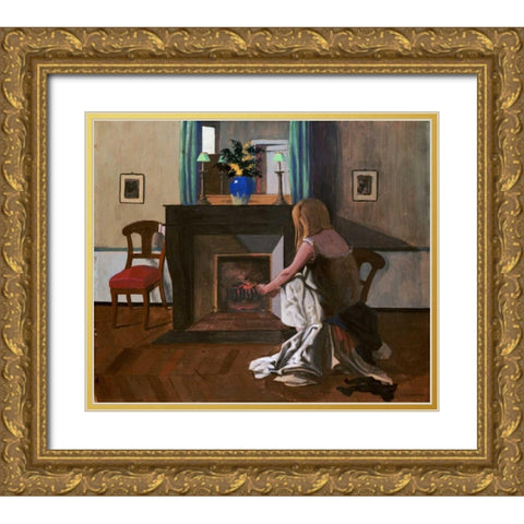 Interior With a Woman In a Shirt Gold Ornate Wood Framed Art Print with Double Matting by Vallotton, Felix