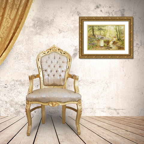 Picking Bluebells Gold Ornate Wood Framed Art Print with Double Matting by Walbourn, Ernest