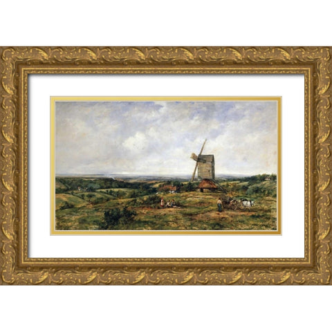 An Extensive Landscape With Figures By a Windmill Gold Ornate Wood Framed Art Print with Double Matting by Watts, Frederick Waters