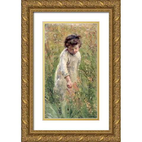 Picking Flowers Gold Ornate Wood Framed Art Print with Double Matting by Wegmann, Bertha