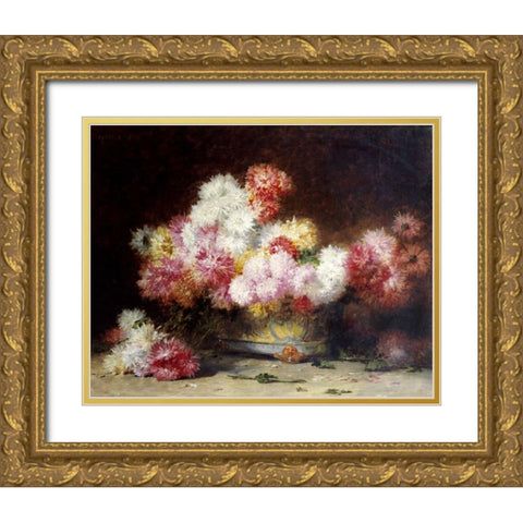 Chrysanthemum and Other Flowers In a Bowl Gold Ornate Wood Framed Art Print with Double Matting by Zo, Achille