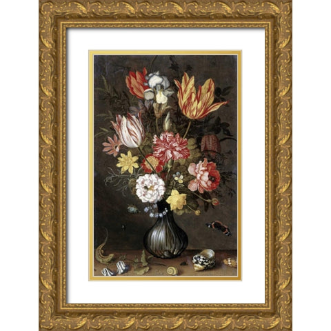 Tulips, Carnations, An Iris Gold Ornate Wood Framed Art Print with Double Matting by Van der Ast, Balthasar