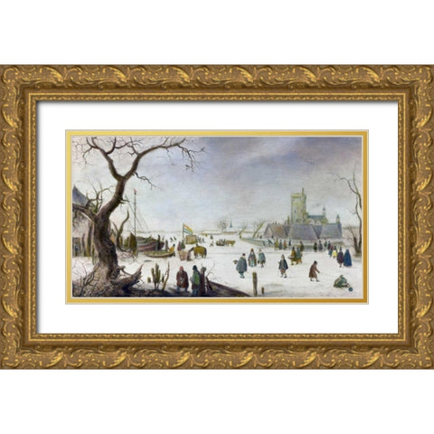 Winter Pleasure Gold Ornate Wood Framed Art Print with Double Matting by Avercamp, Hendrick