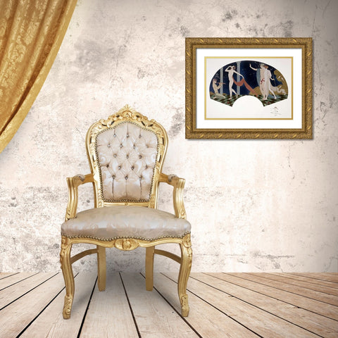 Fan: Four Figures Gold Ornate Wood Framed Art Print with Double Matting by Barbier, Georges