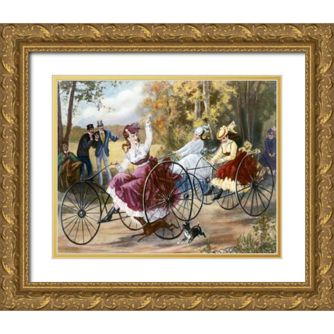 Tricyclists In The Park Gold Ornate Wood Framed Art Print with Double Matting by Bell, Henry