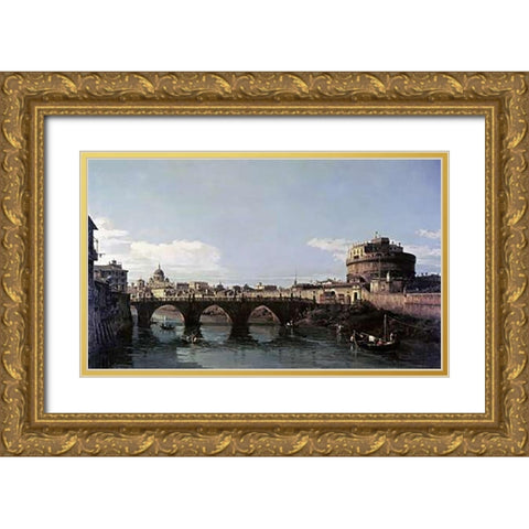 View of The Tiber With The Castel SantAngelo Gold Ornate Wood Framed Art Print with Double Matting by Bellotto, Bernardo