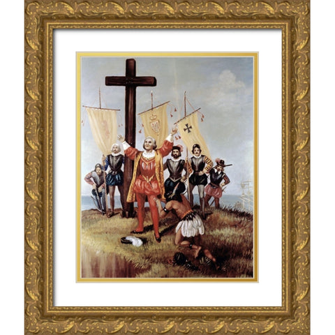 Columbus Takes Possession of The New World (Cont) Gold Ornate Wood Framed Art Print with Double Matting by Bianchini, Vittorio