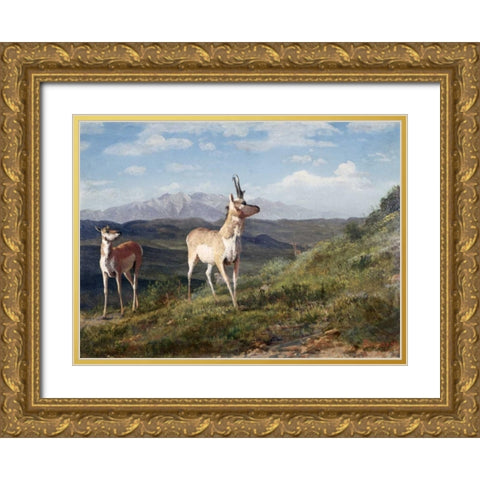 Antelope Gold Ornate Wood Framed Art Print with Double Matting by Bierstadt, Albert