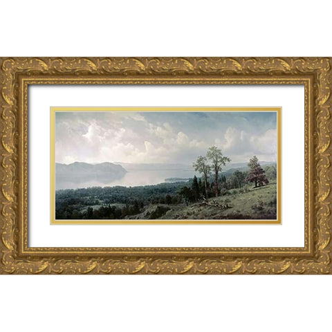 View of the Hudson Looking Across the Tappanzee Gold Ornate Wood Framed Art Print with Double Matting by Bierstadt, Albert