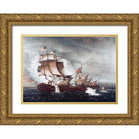 Battle of Constitution and Guerriere During The War of 1812 Gold Ornate Wood Framed Art Print with Double Matting by Birch, Thomas