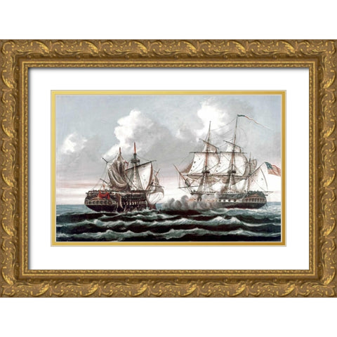 U.S.S. Constitution Defeating The British Ship,Guerriere - War of 1812 Gold Ornate Wood Framed Art Print with Double Matting by Birch, Thomas
