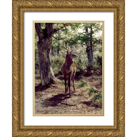 Stag On Alert, In Wooded Clearing Gold Ornate Wood Framed Art Print with Double Matting by Bonheur, Rosa